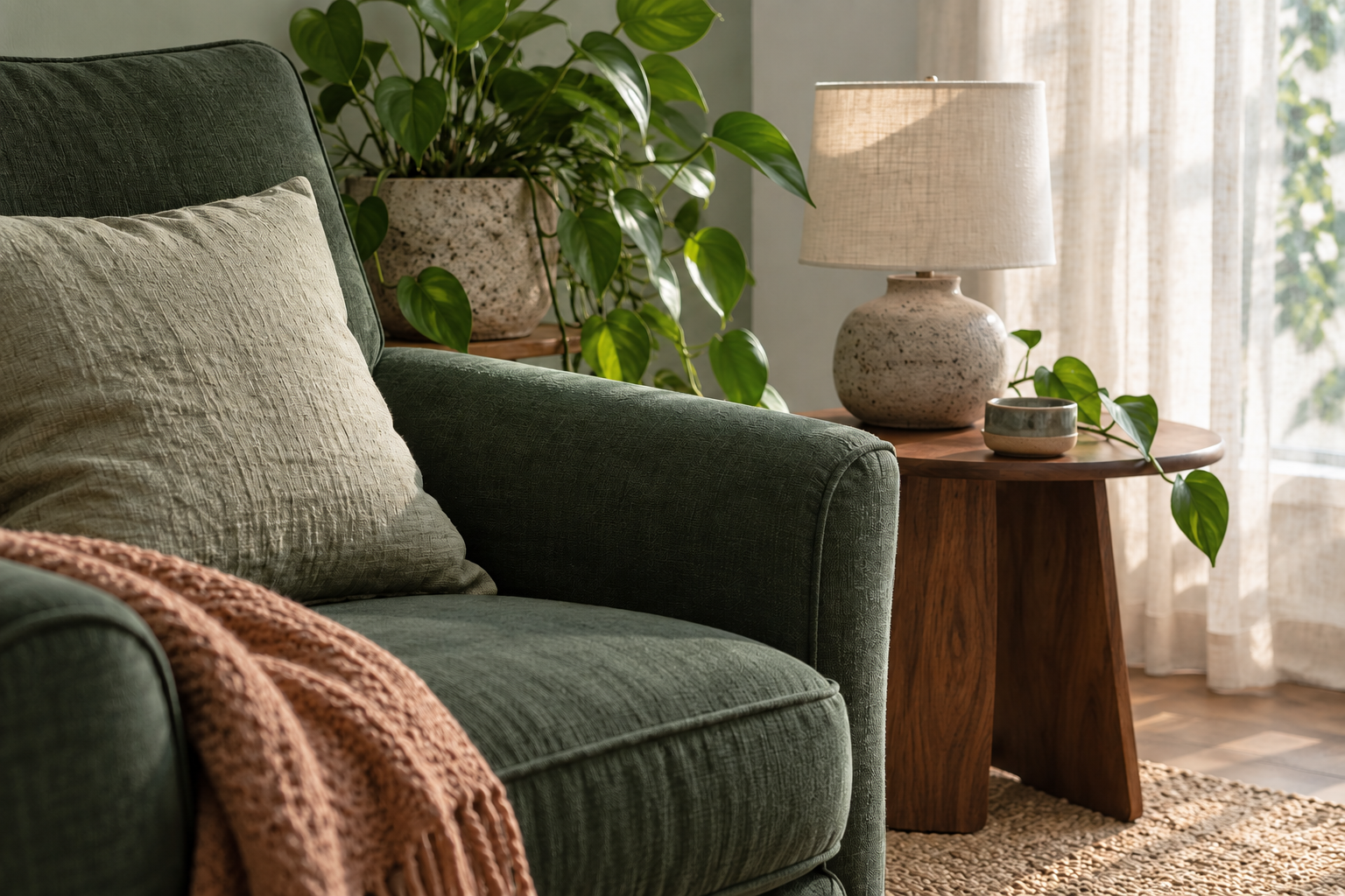 Illustrative image of a green chair, plants and soft daylight